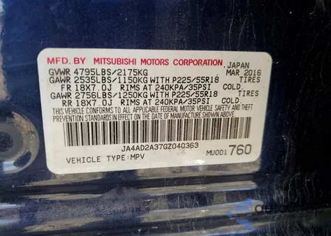 2016 Mitsubishi Outlander Es from USA, damaged, VIN JA4AD2A37GZ040363